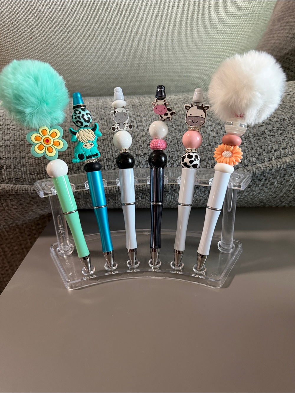 Cute Pom-Pom & Animal Top Ballpoint Pen Set - Mint, Blue, White, Black, Pink